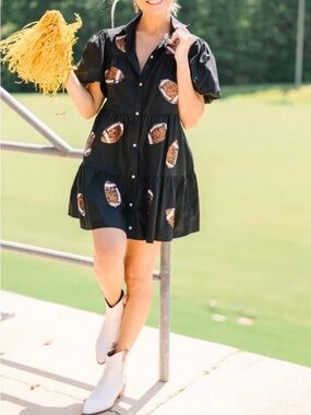 Peach Love California Black Mini Dress with Brown & White Football Print